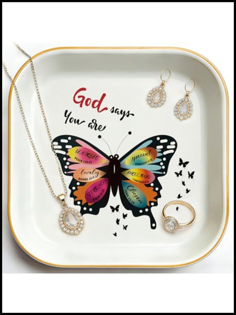 Ceramic Butterfly Jewelry Dish Christian Trinket Tray w Bible Verse